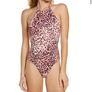 New Chelsea 28 High Neck Scalloped One-Piece Swimsuit Small s pink Abstract